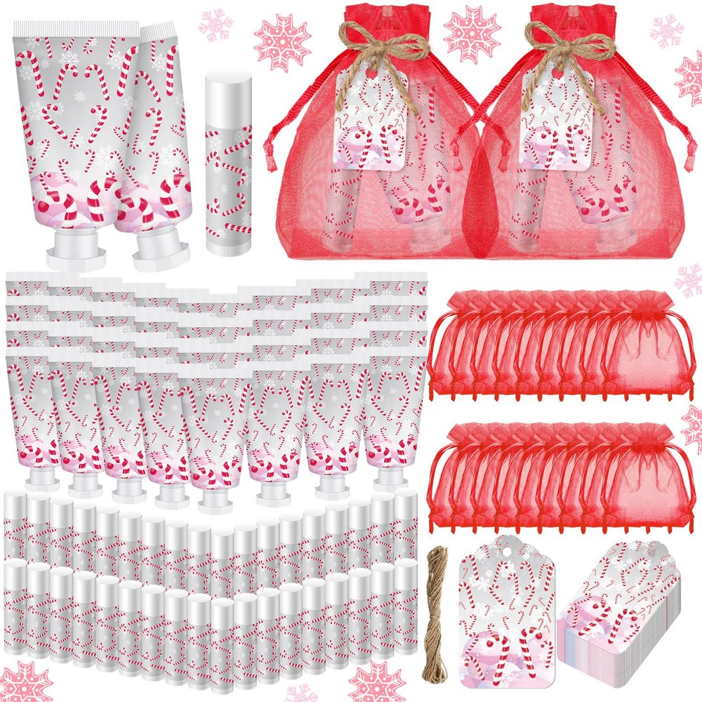 Linyuthia 24 Sets Christmas Candy Cane Pattern Hand Cream and Lip Balm Gifts Bulk Candy Apple Hand Lotion for Women Travel Size Xmas Wedding Shower Favors for Guests