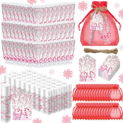 Linyuthia 48 Sets Christmas Candy Cane Pattern Hand Cream and Lip Balm Gifts Bulk Candy Apple Hand Lotion for Women Travel Size Xmas Wedding Shower Favors for Guests