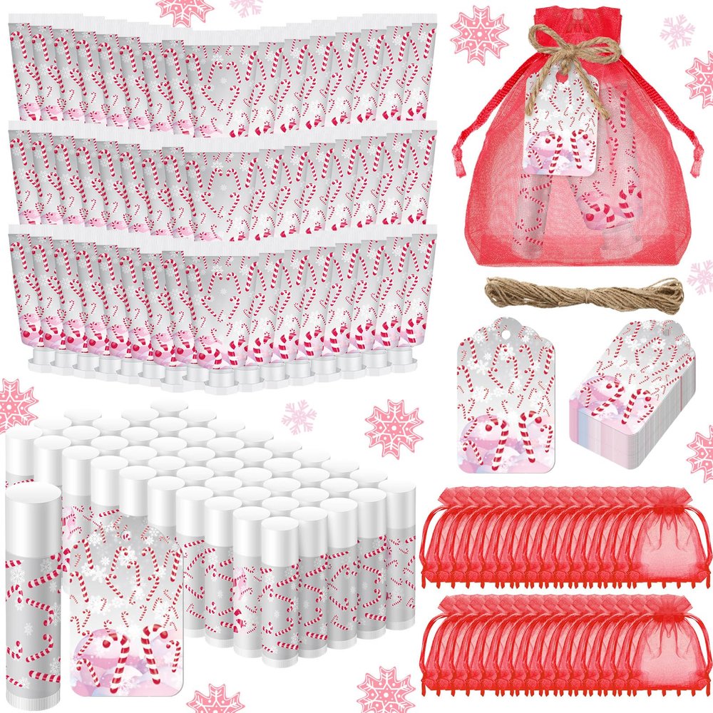 Linyuthia 48 Sets Christmas Candy Cane Pattern Hand Cream and Lip Balm Gifts Bulk Candy Apple Hand Lotion for Women Travel Size Xmas Wedding Shower Favors for Guests