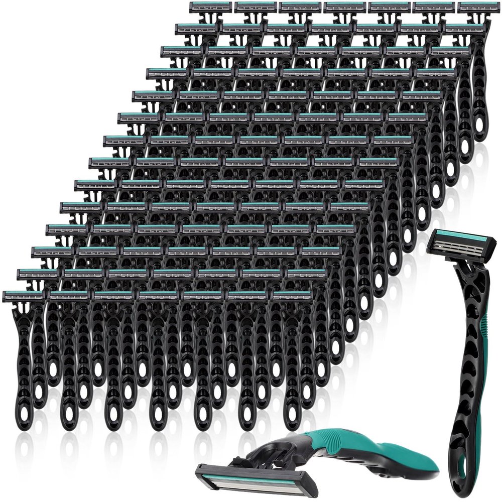 Leriton 100 Pcs Men's Disposable Razors Bulk 3 Blade Men Razors for Head Sensitive Skin Comfortable Shave