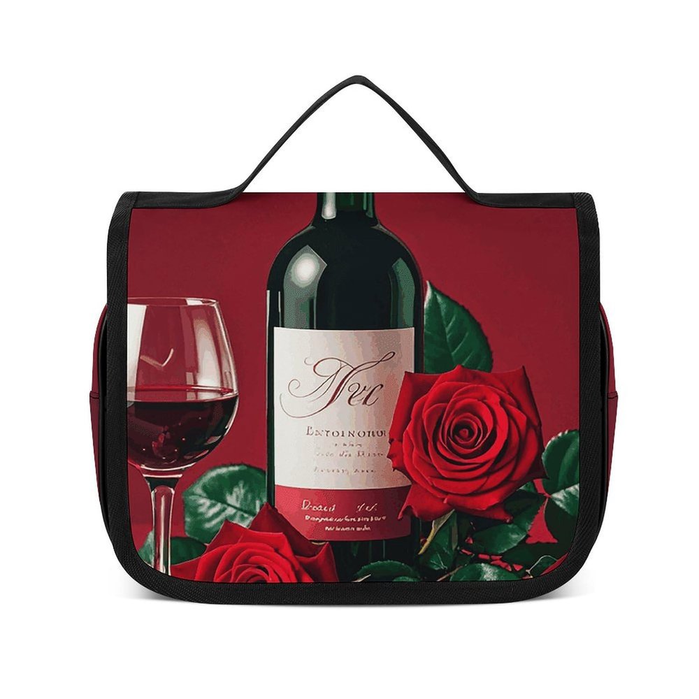 VFMNT Toiletry Bag for Women Men Red Rose And Wine Romantic Lovers Decor Makeup Bag with Hanging Hook Waterproof Bathroom Cosmetic Bag Large Capacity Travel Bag for Toiletries Accessories