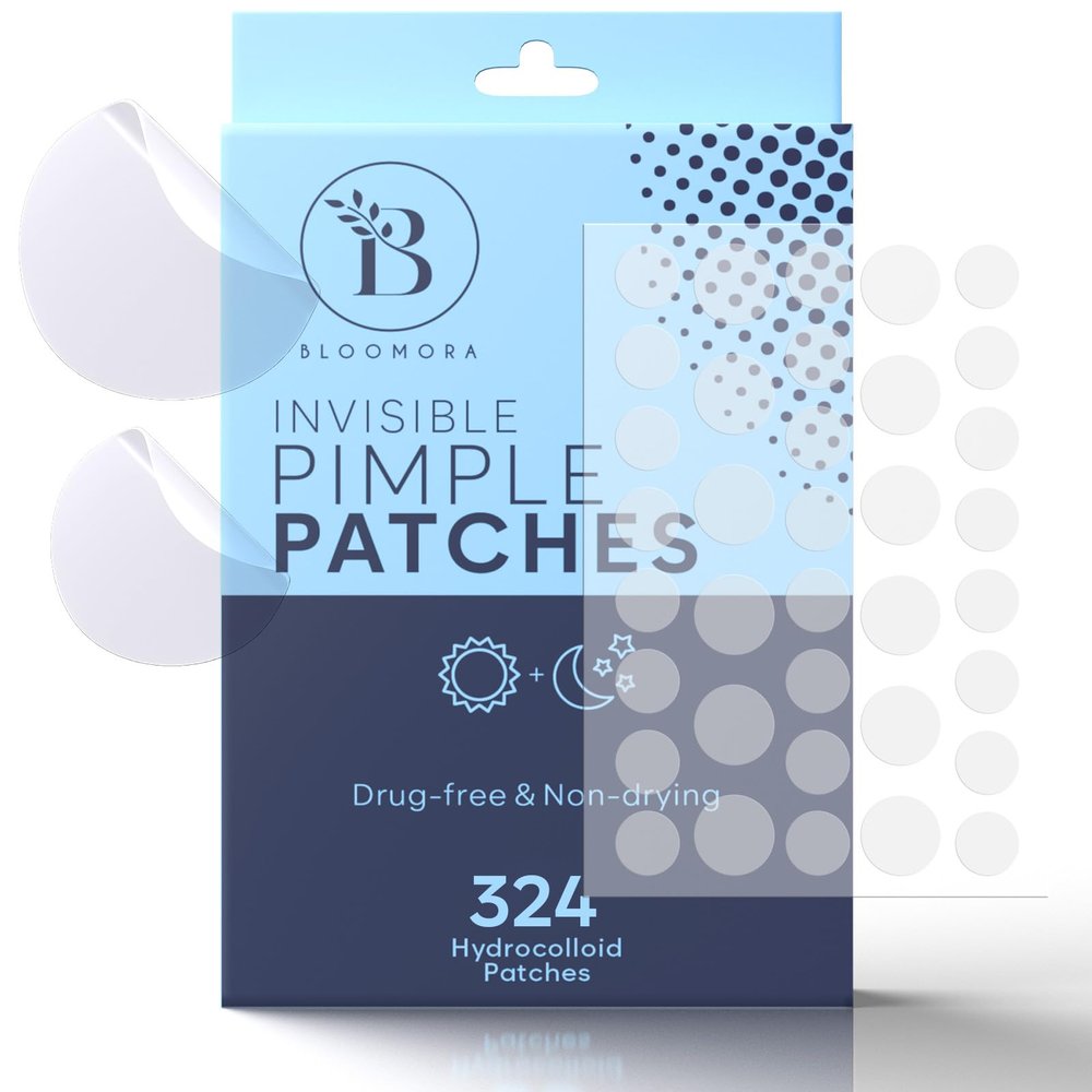 BLOOMORA Invisible Pimple Patches for Face (324 Count), Zit Patches for Blemishes, Hydrocolloid Bandages, Zit Stickers for Face - S/L Sizes