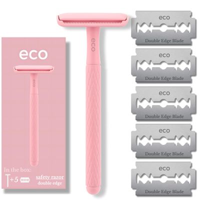 Eco Double Edge Metal Alloy Safety Razor for Women + 5 Double Edge Safety Razor Blade Refills, Reusable Razor for Shaving (Pink)