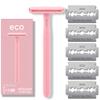 Eco Double Edge Metal Alloy Safety Razor for Women + 5 Double Edge Safety Razor Blade Refills, Reusable Razor for Shaving (Pink) view 1