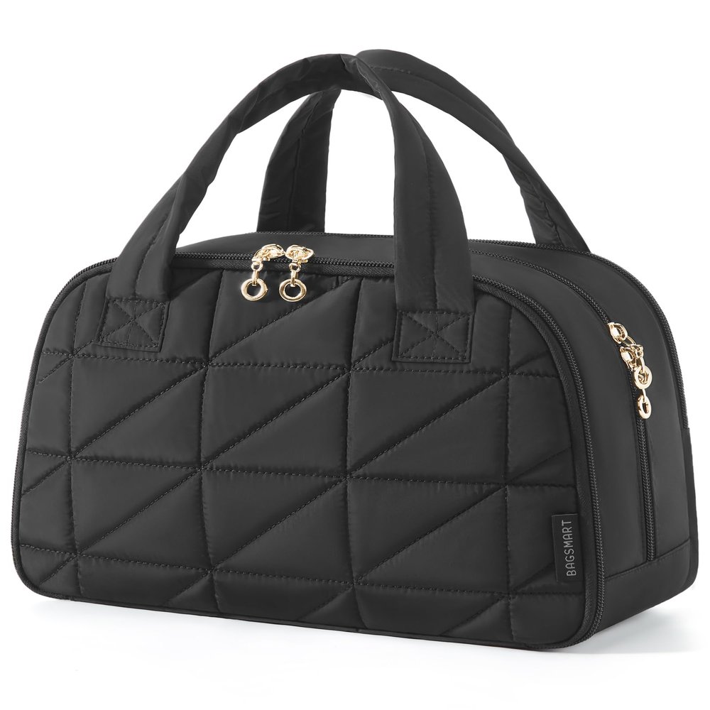 BAGSMART Travel Toiletry Bag, Large Wide-open Travel Bag for Toiletries, Puffy Makeup Cosmetic Travel Bag with Handle-Black