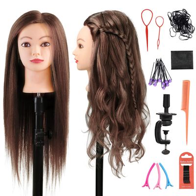 Armmu Mannequin Head with Hair 80% Human Hair Doll Head 26"-28" Hairdresser Practice Training Head Cosmetology Manikin with 9 Tools and Clamp - #4 Brown