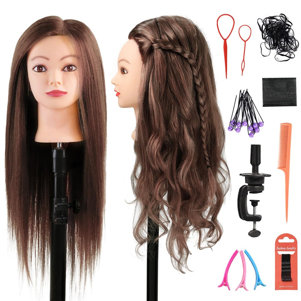 Armmu Mannequin Head with Hair 80% Human Hair Doll Head 26"-28" Hairdresser Practice Training Head Cosmetology Manikin with 9 Tools and Clamp - #4 Brown