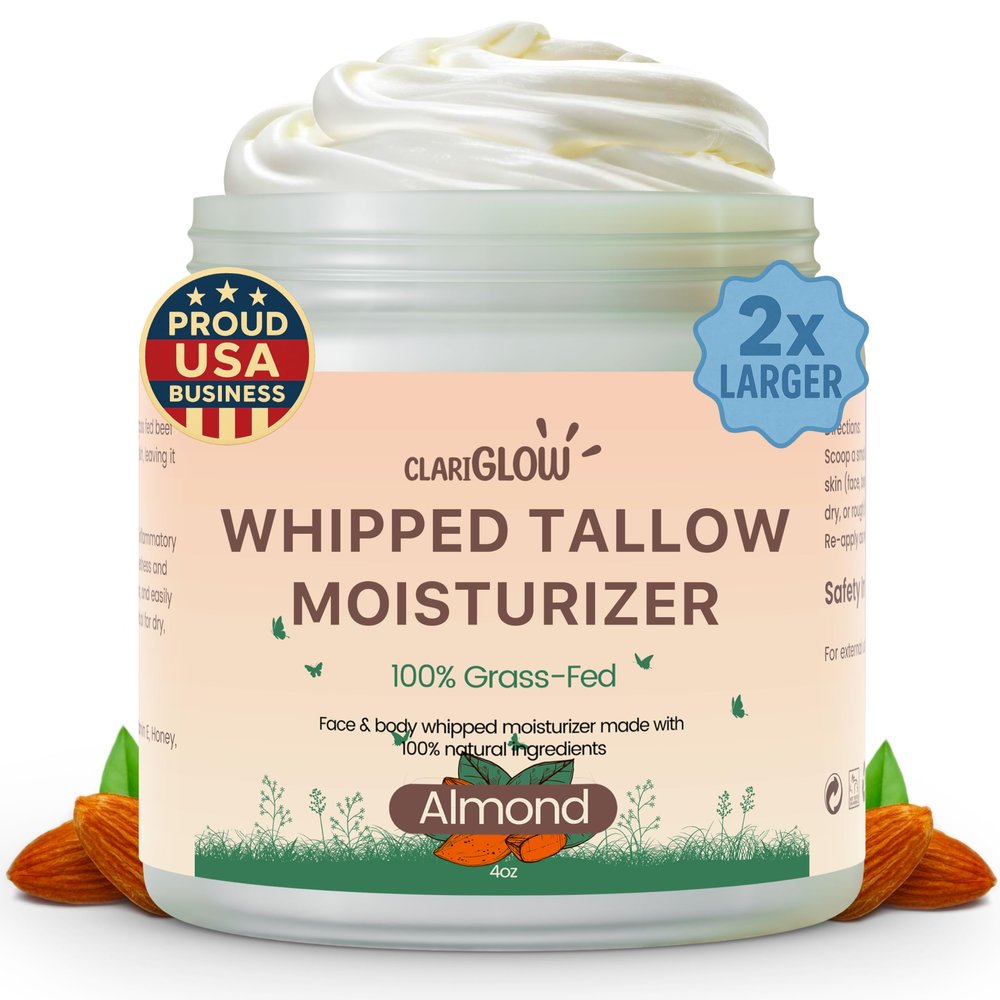 Clariglow Whipped Beef Tallow Face Moisturizer | 100% Grass Fed Beef Tallow Skin Face Balm Cream | Lotion Balm Body Moisturizer with Honey & Almond | 4 oz | Natural Skin Care
