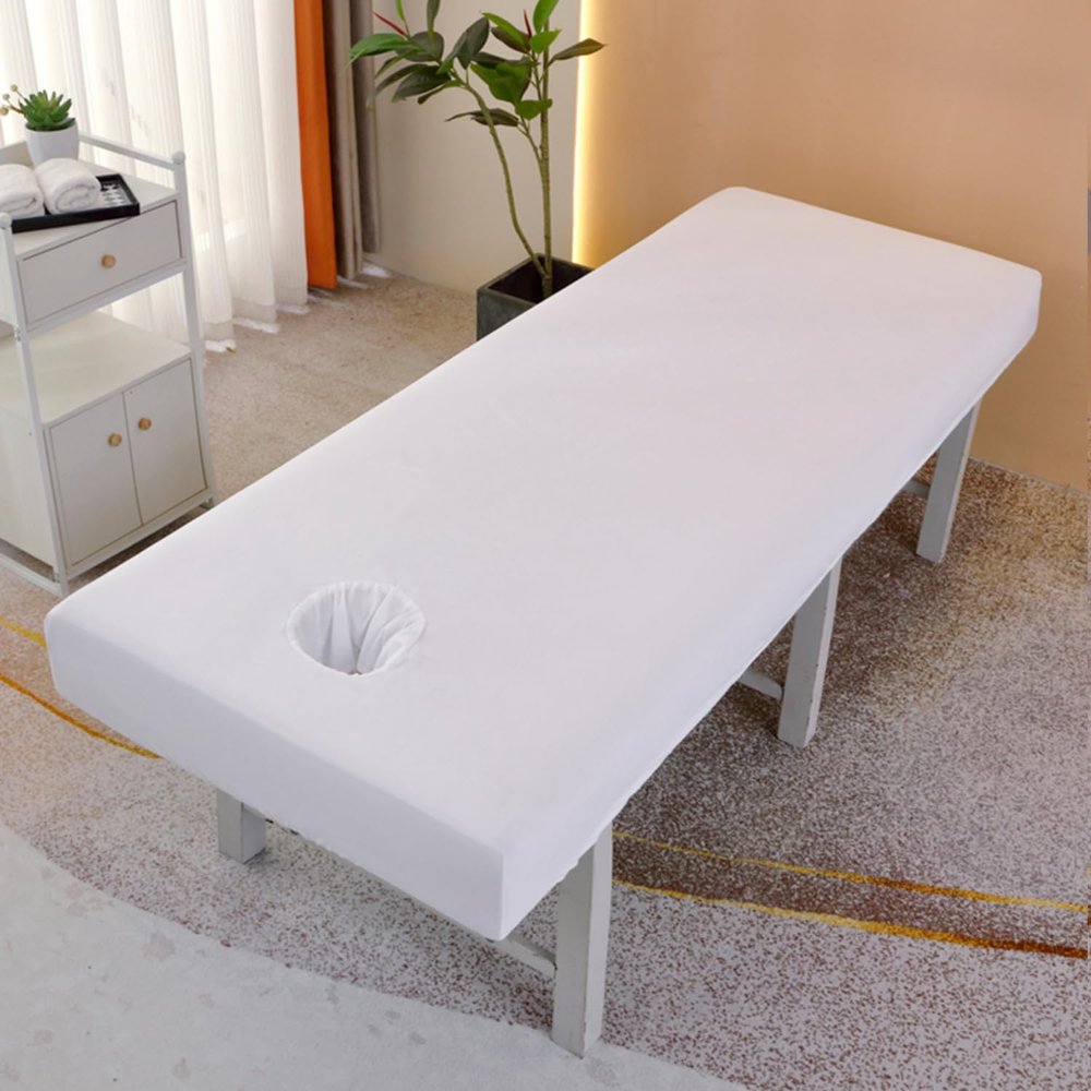 LDLCYCN Thin Massage Table Bed Cover with Face Hold Cooling Massage Table Fitted Sheet with 360 Wrap Elastic Band Beauty Salon Soft Spa Bed Cover Lash Bed Sheet Square Head,White,70 * 185cm(N)