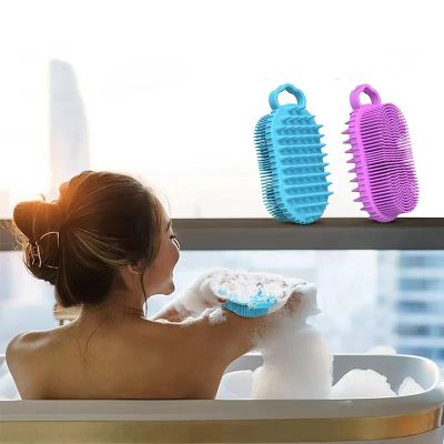 (2 Pieces) Silicone Shampoo Bath Brush, Bath Brush, Household Adult Double-Sided Bath Brush, Silicone Bath Brush Blue+Purple