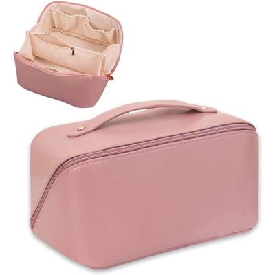 Large Capacity 12 Cms Cosmetic Bag, Women's Makeup Travel Bag Portable Leather Cosmetics Bag, Wide Opening Cosmetic/Makeup Organizer Bags(Pink)