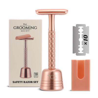THE GROOMING SOCIETY Double Edge Safety Razor for Women Rose Gold with Stand and Silicone Cover - Durable Metal Eco-Friendly Single Blade Safety Razor with 10 Blades- Closed Smooth Shave