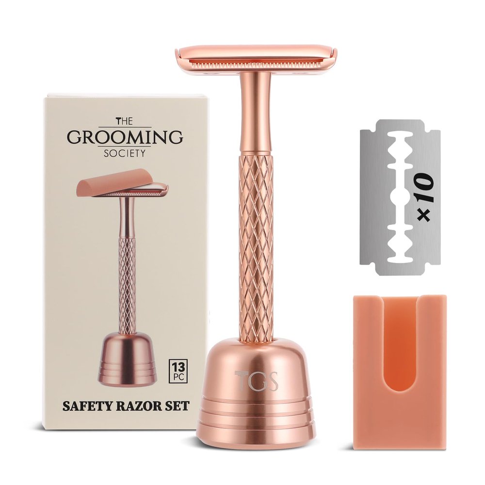 THE GROOMING SOCIETY Double Edge Safety Razor for Women Rose Gold with Stand and Silicone Cover - Durable Metal Eco-Friendly Single Blade Safety Razor with 10 Blades- Closed Smooth Shave