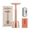 THE GROOMING SOCIETY Double Edge Safety Razor for Women Rose Gold with Stand and Silicone Cover - Durable Metal Eco-Friendly Single Blade Safety Razor with 10 Blades- Closed Smooth Shave view 1