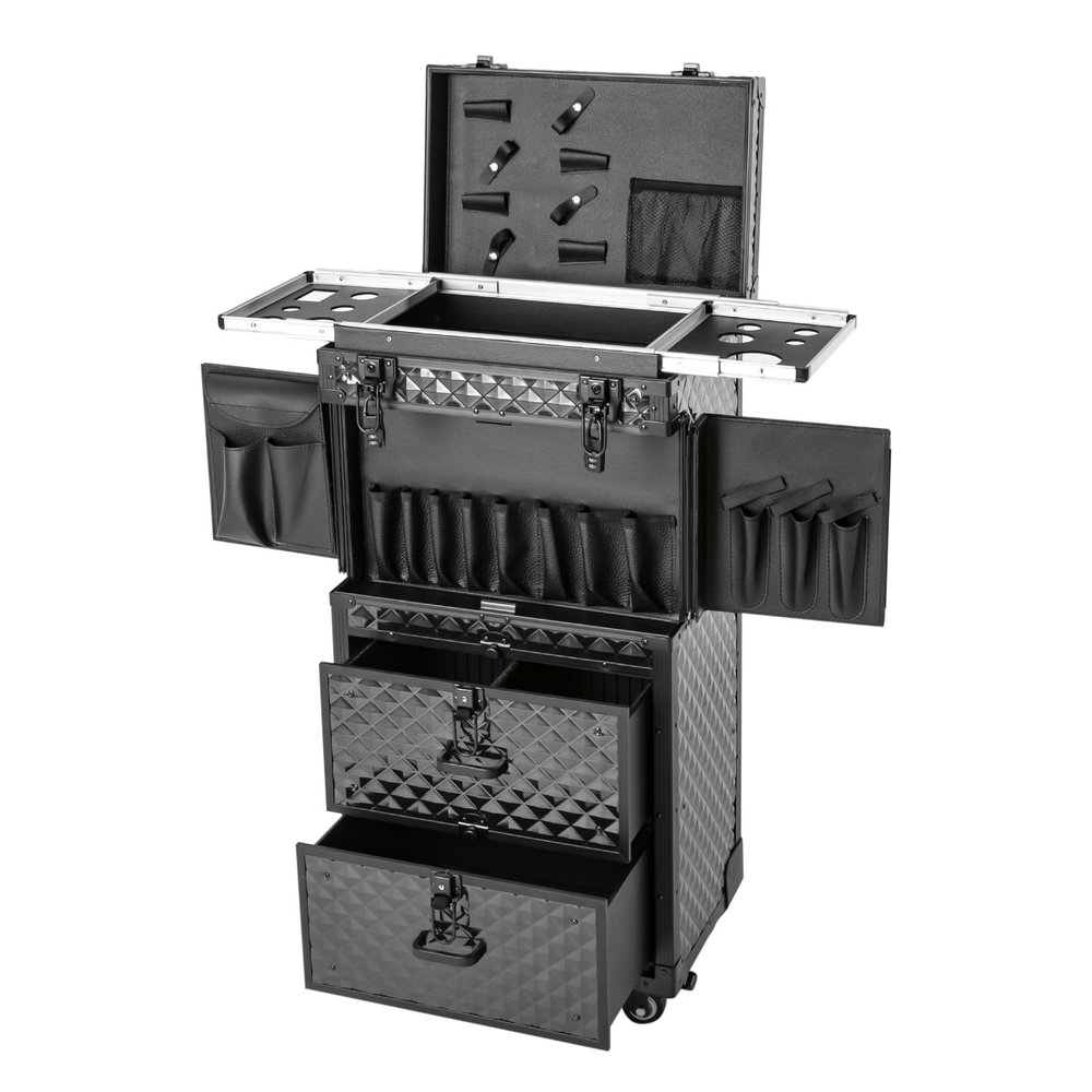 Gosangom Rolling Makeup Train Case with Lock, Hairdressing Travel Case, Hairdresser Beauty Salon Cosmetic Luggage, Storage Toolbox, Lockable with Wheels.