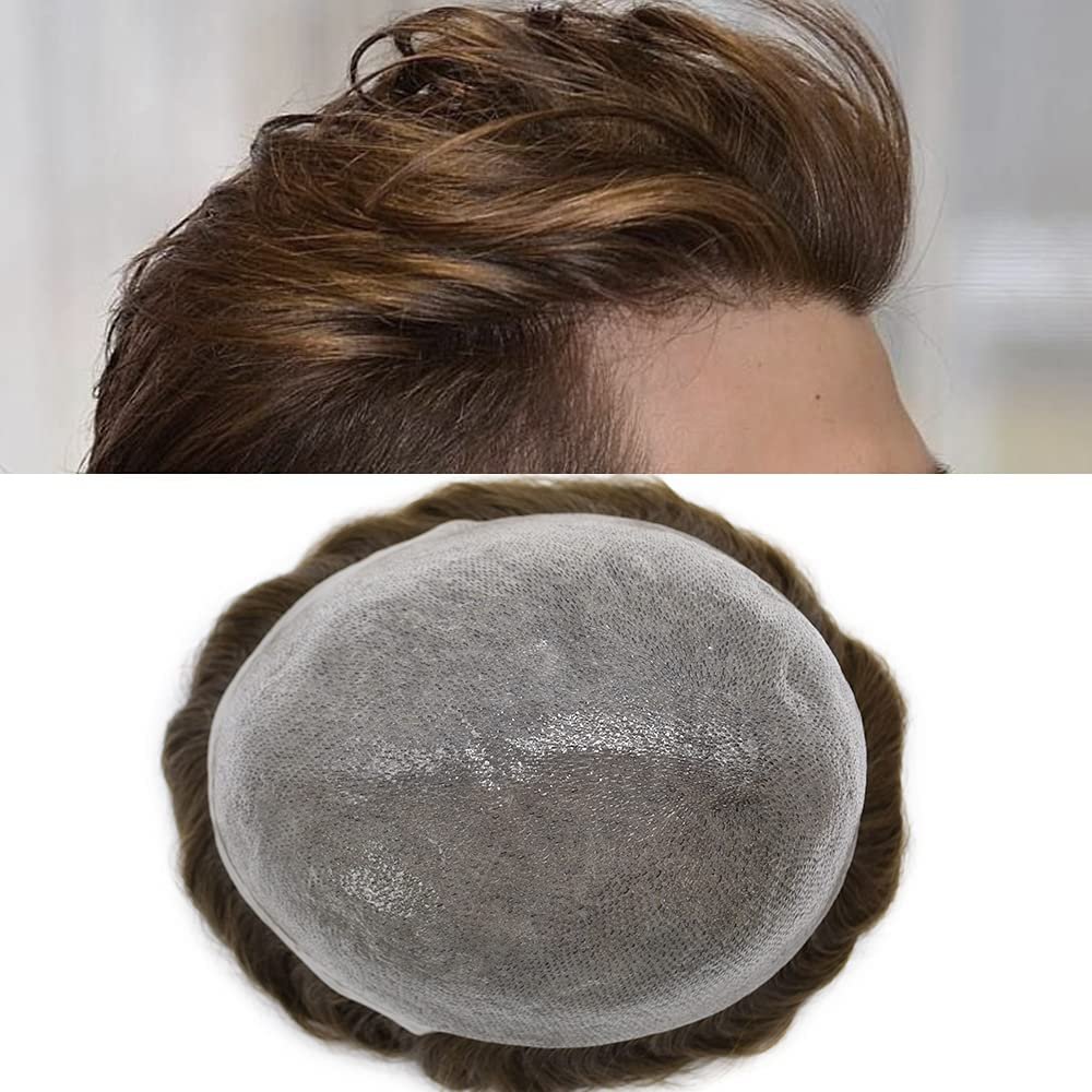 0.06mm Thin Skin Toupee for Men Hair Piece 100% European Remy Human Hair Replacement System Mens Toupee All V-Looped Invisible Hair System for Men (#5 Medium Light Brown-80% Light Density, 8x10)