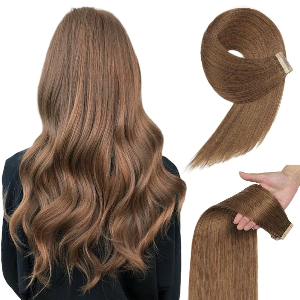 Tape in Hair Extensions Real Human Hair 24 Inch Medium Brown Double Sided Tape for Skin Weft Hair Extension Invisible Tape in Hair Extensions Straight Remy Human Hair for Women 20pcs (10#,24 Inch)