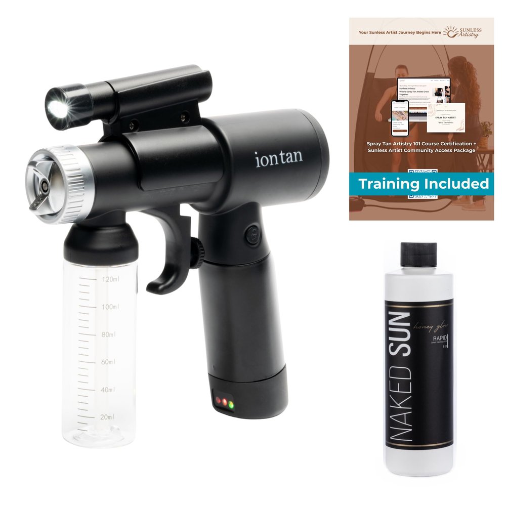ION Tan Go Spray Tan Machine Cordless Rechargeable with Naked Sun Honey Glow Rapid Tanning Solution also includes comprehensive Spray Tan Tranning Course.