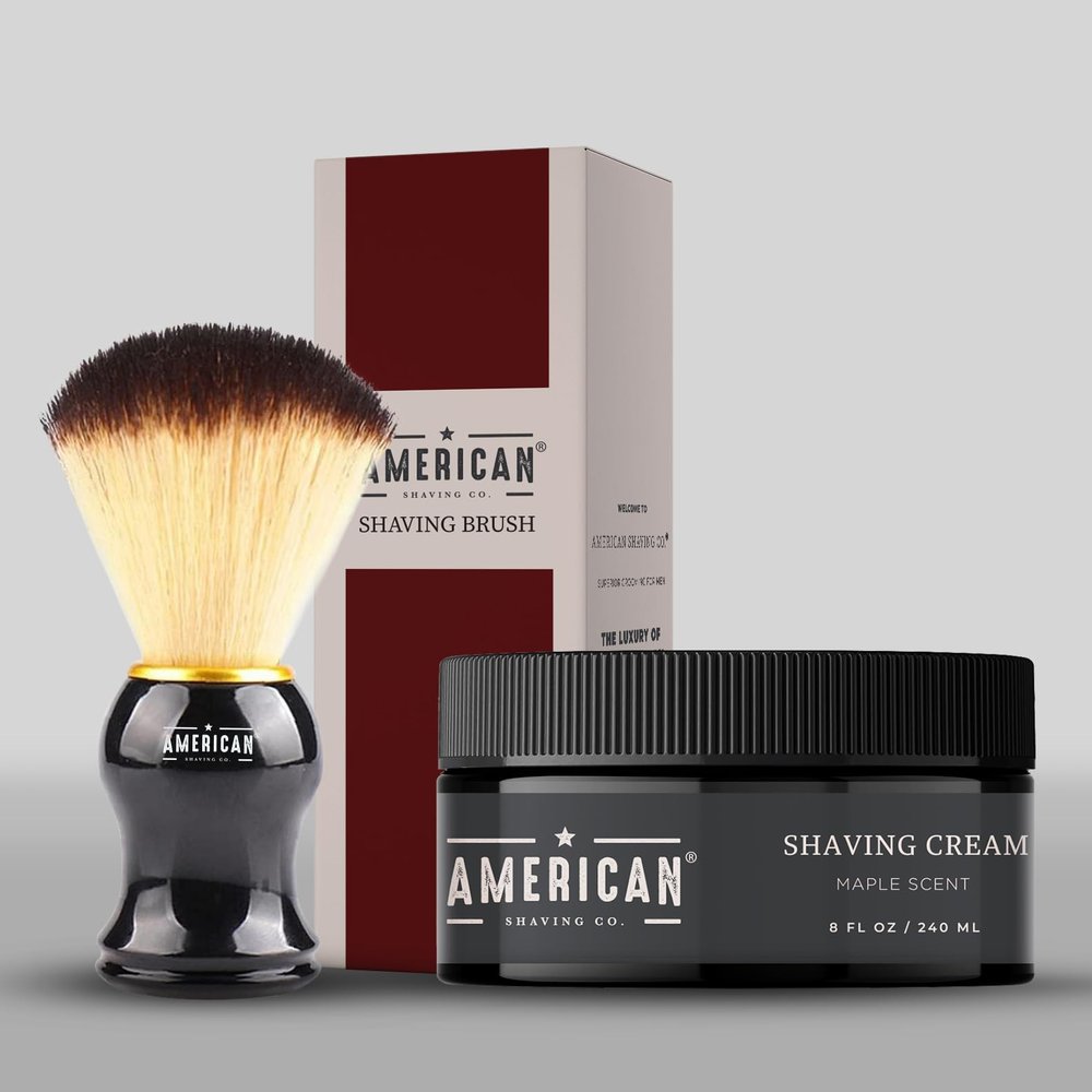 American Shaving Co. Maple Shaving Cream For Men With Shaving Brush 8 oz, Made in USA, Easy Application, Quality Potent Ingredients, Non-GMO, GMP Certified, Cruelty-Free Products