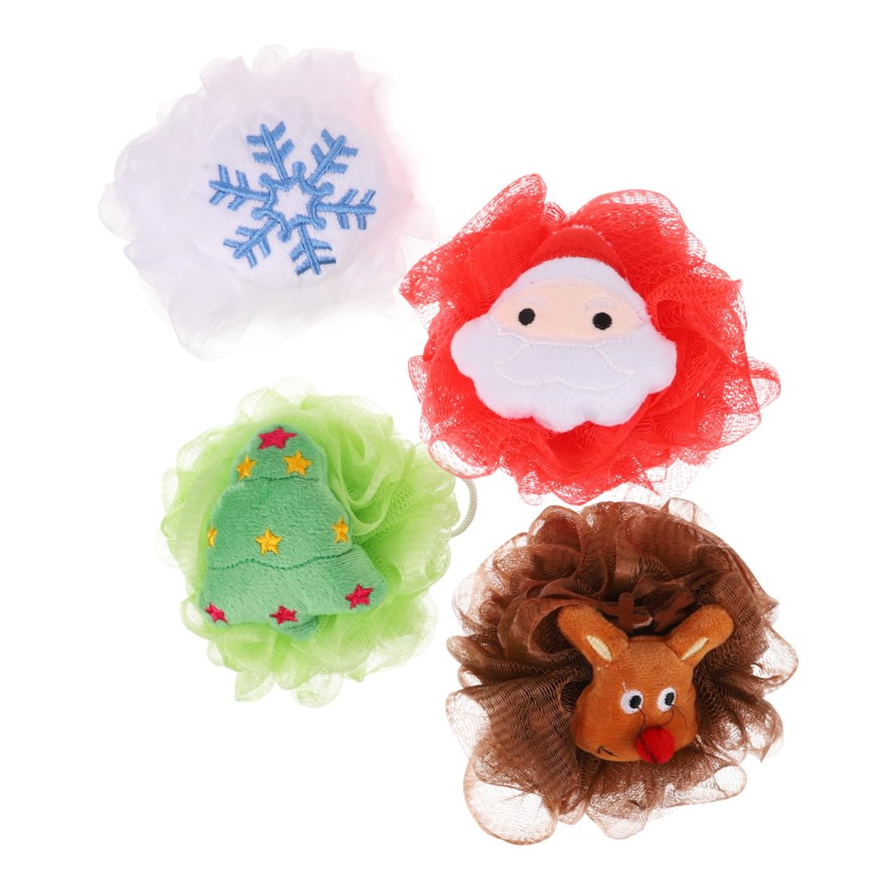 Healeved Holiday Loofah Christmas Santa Bath Ball Set 4pcs Exfoliating Bathing Balls