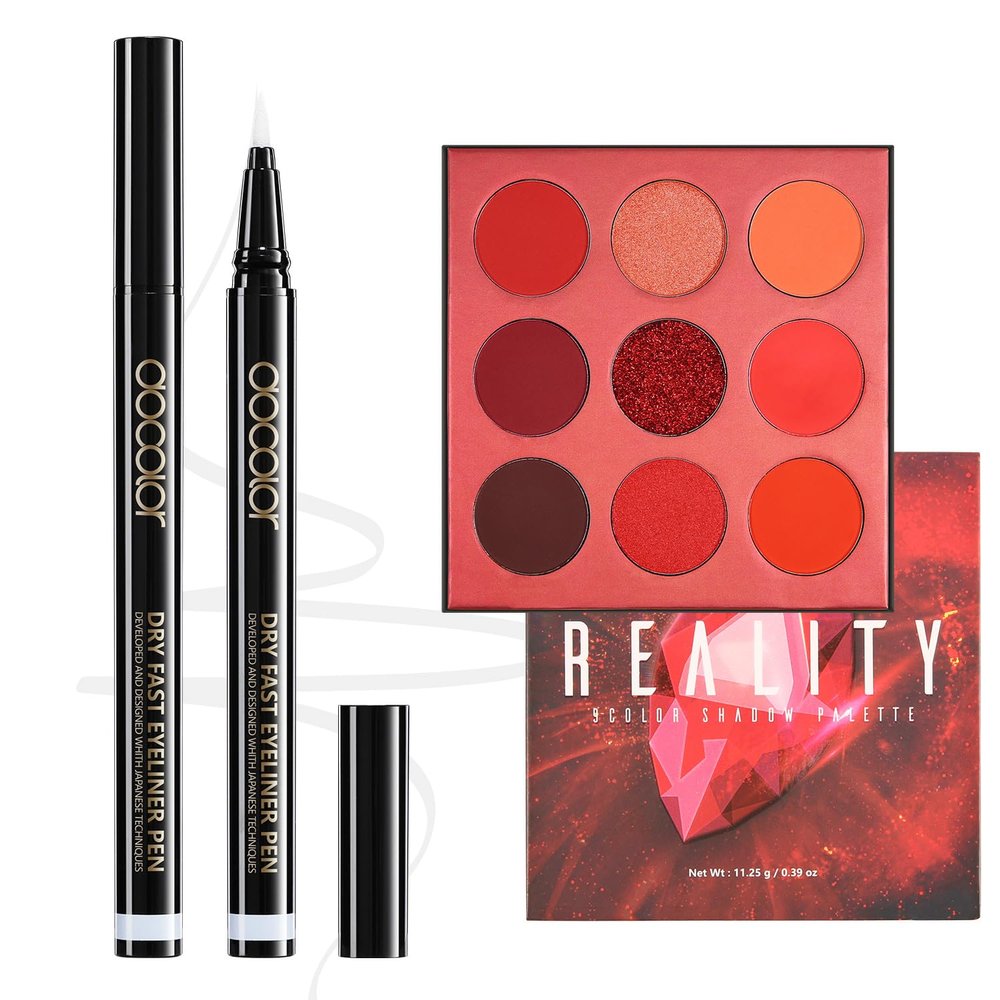 docolor White Eyeliner Waterproof Eye liner Longwearing with Ultra-Fine Tip and Red Eyeshadow Palette 9 Colors Gemstone Shadow Palette Highly Pigmented Mattes Shimmers Colourful Makeup Palette
