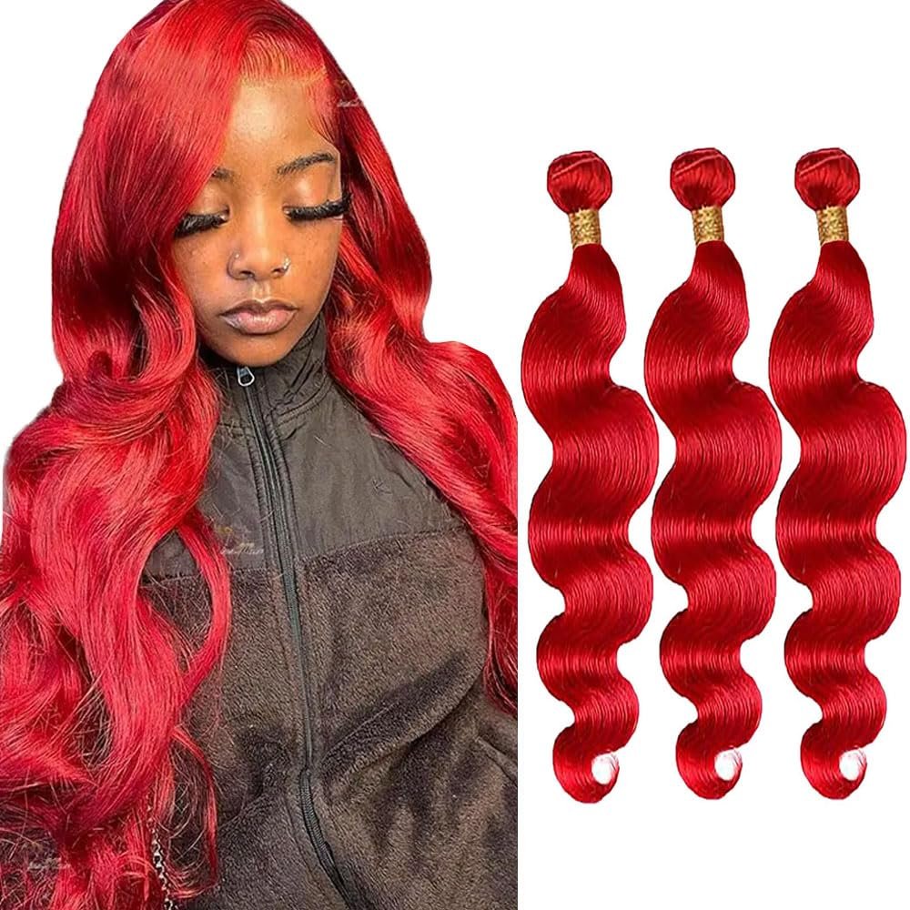 Red Bundles Human Hair - Burgundy Body Wave Bundles, Unprocessed Brazilian Virgin, Same Length 12 Inch, 300g
