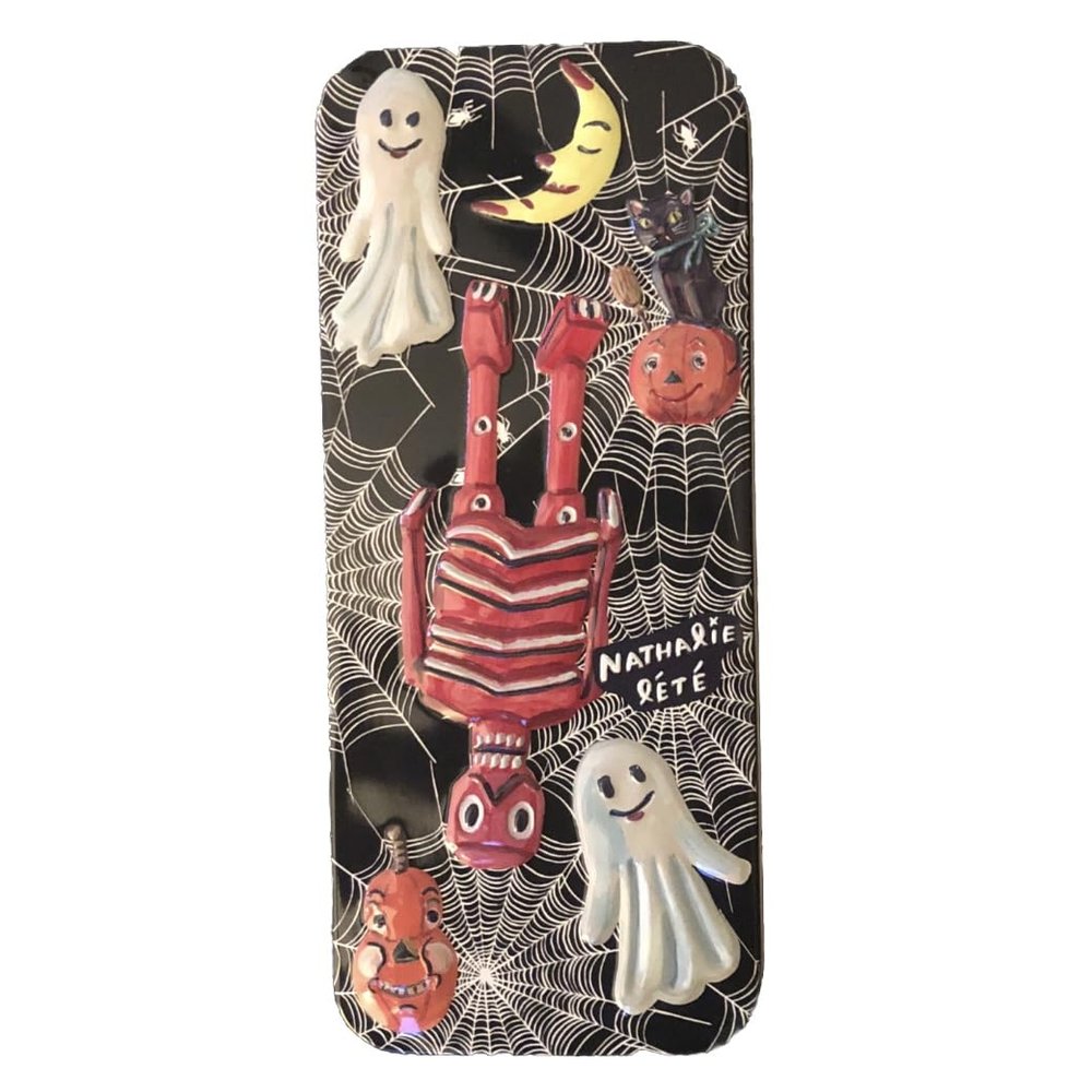 Heathcote & Ivory Artist Nathalie Lete Haunted Halloween Hand Cream Tin (Pumkin, Cat, Moon, Ghost, Red Skeleton Illustrations)