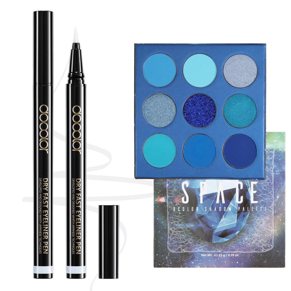 docolor White Eyeliner Waterproof Eye liner Longwearing with Ultra-Fine Tip and Blue Eyeshadow Palette 9 Colors Gemstone Shadow Palette Highly Pigmented Mattes Shimmers Colourful Makeup Palette