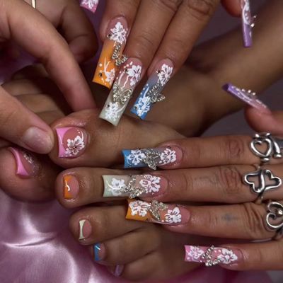 48pcs Long Coffin Press on Nails and Toes Nails Color French Tip Fake Fingers Toe Nail Tips Press ons Butterfly Nail Charm Glue on Toe Nails Square Flower Summer False Toe Nails for Women and Girls
