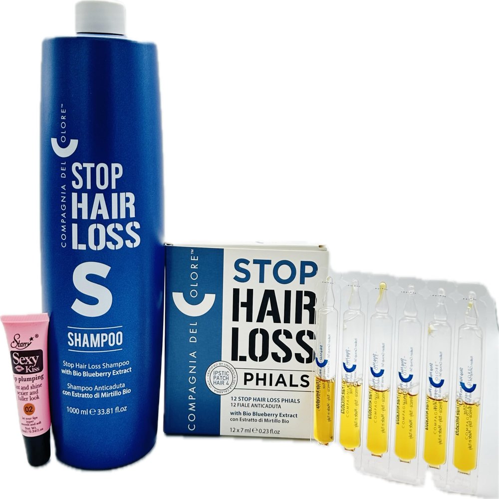 Compagnia Del Colore Stop hair Loss Shampoo 33.8 fl oz and Stop Hair Loss Phials 12 x 7 ml - Free Starry Lip Plumping Gloss 10 ml