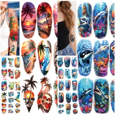154 Sheets Ocean Beach Temporary Tattoo for Women and Men, 34 Sheets Half Arm Shark Dolphin Beach Flower Skull Sunset Fake Tattoos, 120 Sheets Holiday Ocean Tiny for Adults Kids Body Tattoos Stickers