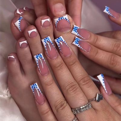 48pcs Long Coffin Press on Nails and Toes Matching Set White French Tip Fake Fingers Toe Nail Tips Press ons Blue Flower Glue on Toe Nails Square Nude Summer False Toe Nails for Women and Girls