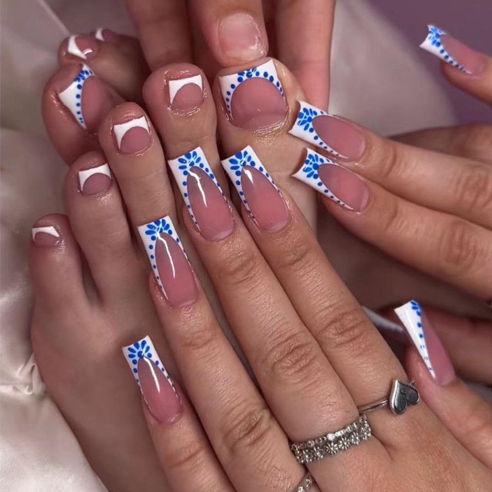 48pcs Long Coffin Press on Nails and Toes Matching Set White French Tip Fake Fingers Toe Nail Tips Press ons Blue Flower Glue on Toe Nails Square Nude Summer False Toe Nails for Women and Girls