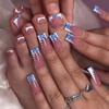 48pcs Long Coffin Press on Nails and Toes Matching Set White French Tip Fake Fingers Toe Nail Tips Press ons Blue Flower Glue on Toe Nails Square Nude Summer False Toe Nails for Women and Girls view 1