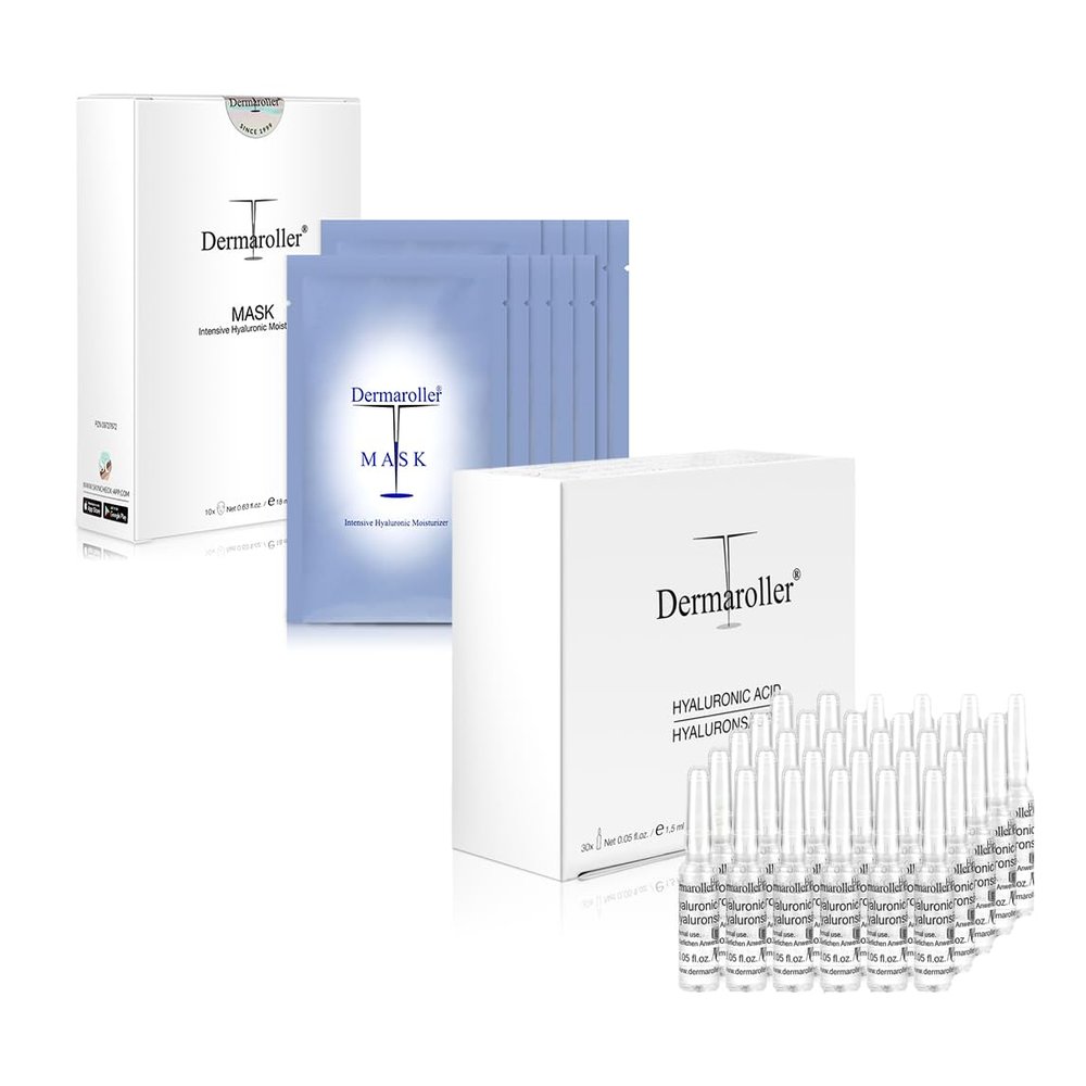 Dermaroller, Silk Face Masks 10 Pack with Hyaluronic Moisture Acid Ampoules Serum, 30 Pc of 1.5 ml Tubes