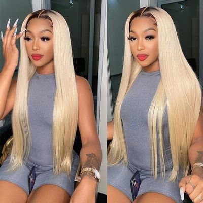 oulaer Ombre 1b/613 Color Blonde Straight Human Hair Wig 13x6 HD Transparent Lace Front Wig Brazilian Remy Hair with Baby Hair Bleached Knots Glueless Wigs 150% Density Natural Hairline 20inch
