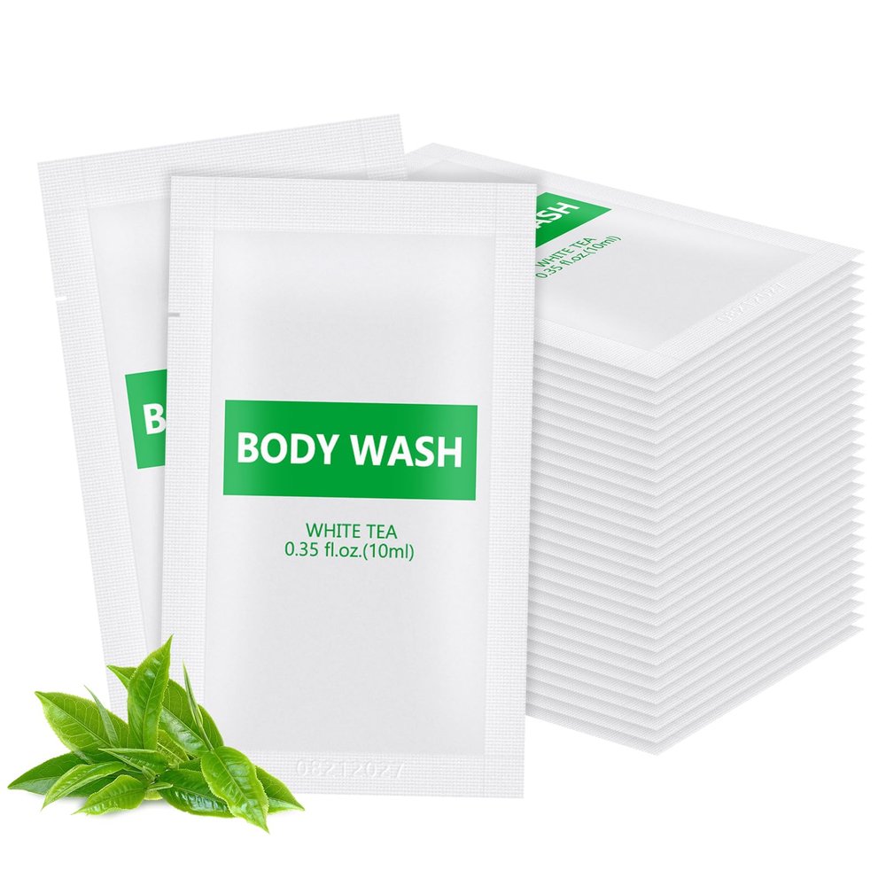 200 pack Travel Size Body Wash Bulk Individually Wrapped - Refreshing Mini Shower Gel Single Use Supplies for Homeless Care Hotel Guests, White Tea Scent,0.35 fl oz/10ml