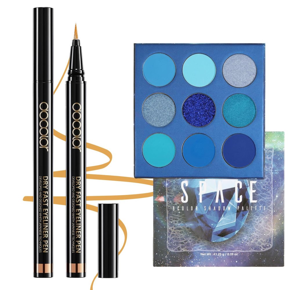docolor Gold Eyeliner Waterproof Eye liner Longwearing with Ultra-Fine Tip and Blue Eyeshadow Palette 9 Colors Gemstone Shadow Palette Highly Pigmented Mattes Shimmers Colourful Makeup Palette