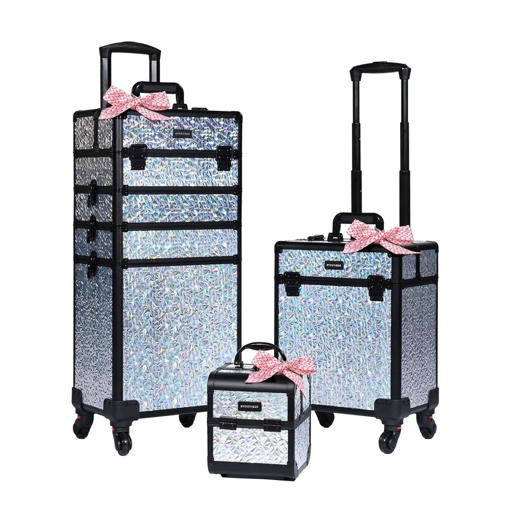 BYOOTIQUE Makeup Cart on Wheels 3-Piece Lockable Esthetician Rolling Case Cosmetology Organizer Kit Hair Tool Travel Bag for Lash Artist Nail Slon Beauty Studio Hairstylist Manicurist,Mermaid Silver