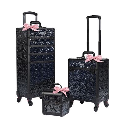 BYOOTIQUE Rolling Makeup Train Case on Wheels 3-Piece Lockable Cosmetology Organizer Kit Hair Tool Travel Bag for Lash Artist Nail Slon Beauty Studio Hairstylist Manicurist,Mermaid Black