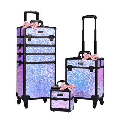 BYOOTIQUE Rolling Makeup Case on Wheels 3-Piece Lockable Cosmetology Organizer Kit Hair Tool Travel Bag for Lash Artist Nail Slon Beauty Studio Hairstylist Esthetician,Mermaid Purple