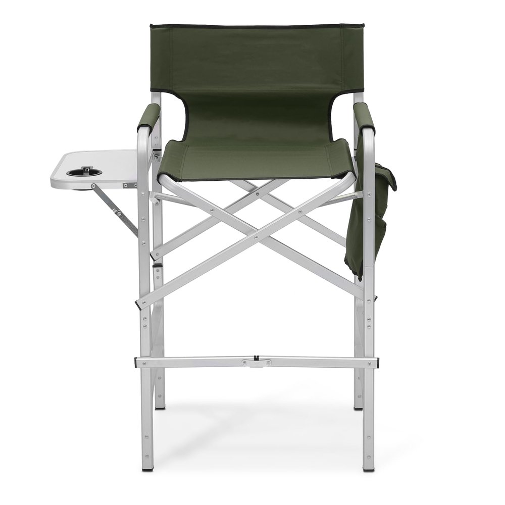 Athena Collection 44.5" Tall Directors Chair, Folding Makeup Artist Chair with Side Table Cup Holder Pocket Footrest, Outdoor Portable High Chair Barber Chair Supports 250LBS, Green