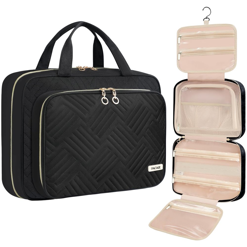 BAGAIL Hanging Toiletry Bag for Women Water-resistant Cosmetic Bag Large Capacity Travel Makeup Organizer for Full-Sized Travel Essentials(Standard, Black)