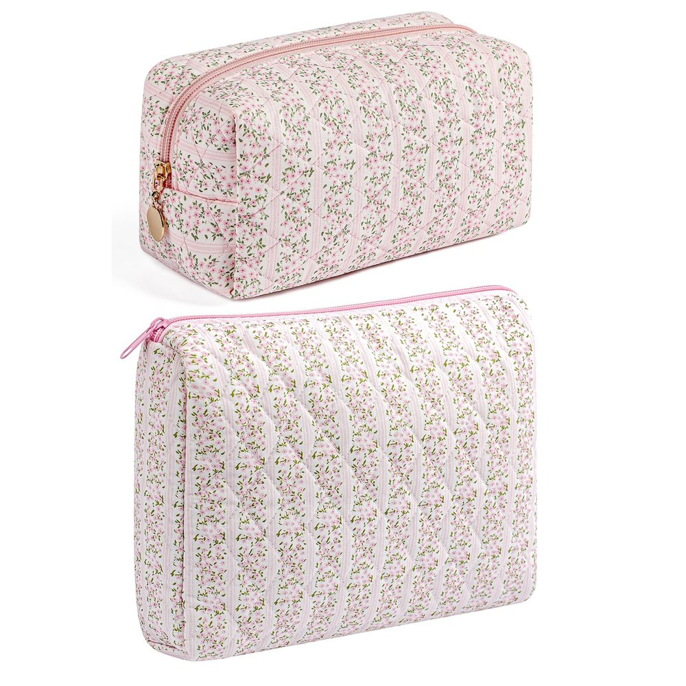 HHQQWZ Makeup Bag Travel Cosmetic Bag for Women Girls, Zipper Make Up Pouch, Floral Flowers Toiletry Organizer Makeup, Portable Storage Cosmetic Travel Cloth Bag (2 Pack (L+S)/Pink Floral)