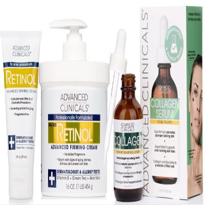 Advanced Clinicals Retinol Firming Cream + Retinol Travel Size Firming Cream + Collagen Plumping Facial Serum Set