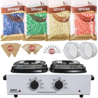 Large Waxing Kit with 4 Bags of Wax Beads 2 Silicone Bowl 40 Sticks 10 Nose Sticks, Wax Warmer Double Pot for Women Men Salon Home Hair Removal
