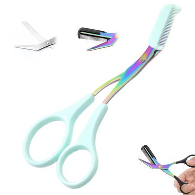 Eyebrow Trimmer Scissor, 2 in 1 Eyebrow Scissors with Comb Stainless Steel Professional Eyebrow Trimmer, Eyebrow Cutter Hair Removal Eyebrow Scissors Makeup Tool for Men Women (Green)