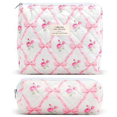 2Pcs Quilted Cotton Makeup Bag Large Travel Makeup Pouch Small Brush Holder Set for Women Cute Floral Coquette Makeup Bag Aesthetic Cosmetic Bag Pink Bow Toiletry Organizer Storage Bag Zipper Pouch