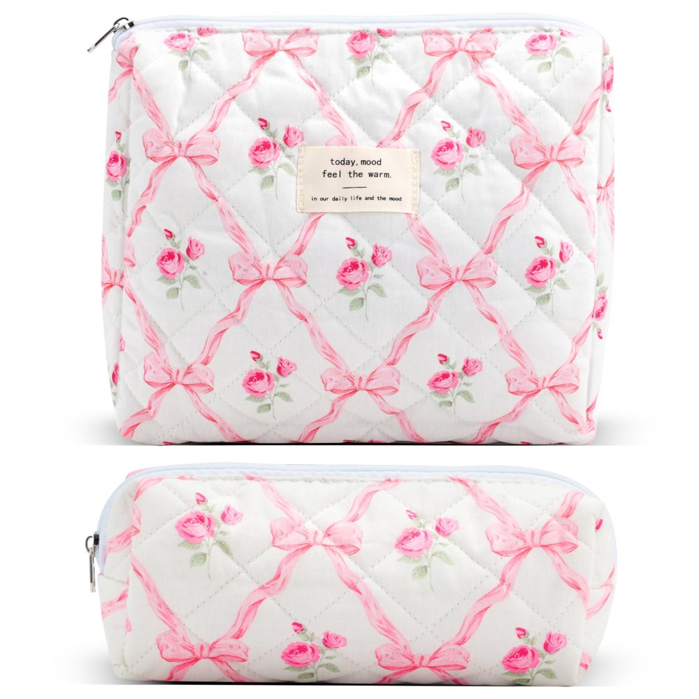 2Pcs Quilted Cotton Makeup Bag Large Travel Makeup Pouch Small Brush Holder Set for Women Cute Floral Coquette Makeup Bag Aesthetic Cosmetic Bag Pink Bow Toiletry Organizer Storage Bag Zipper Pouch