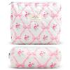 2Pcs Quilted Cotton Makeup Bag Large Travel Makeup Pouch Small Brush Holder Set for Women Cute Floral Coquette Makeup Bag Aesthetic Cosmetic Bag Pink Bow Toiletry Organizer Storage Bag Zipper Pouch view 1